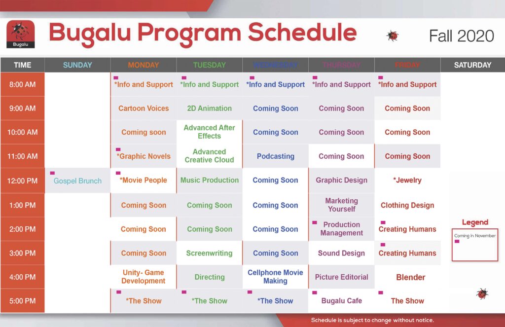 A schedule of the various programs for students.